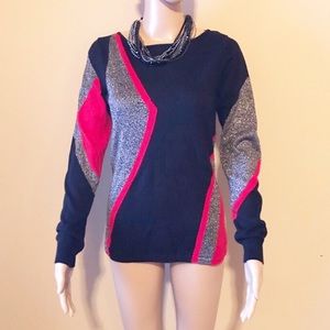 Jones New York Black Sweater with Pink and Silver Metallic Accents